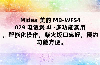 Midea 美的 MB-WFS4029 电饭煲 4L-多功能实用，智能化操作，柴火饭口感好，预约功能方便。